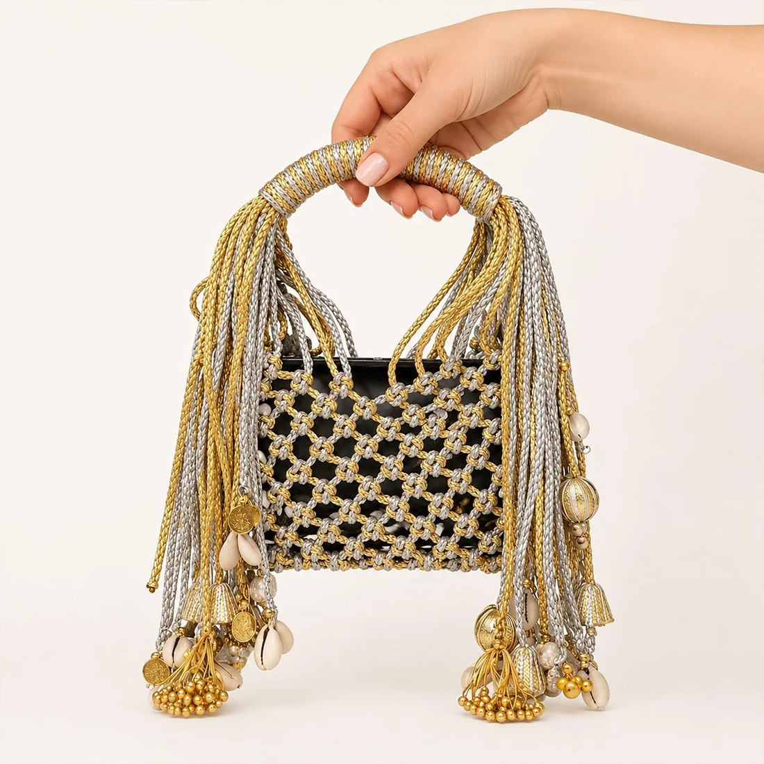 Gold Silver Macramé Handbag With Cowrie Shell Tassels For Festive Events
