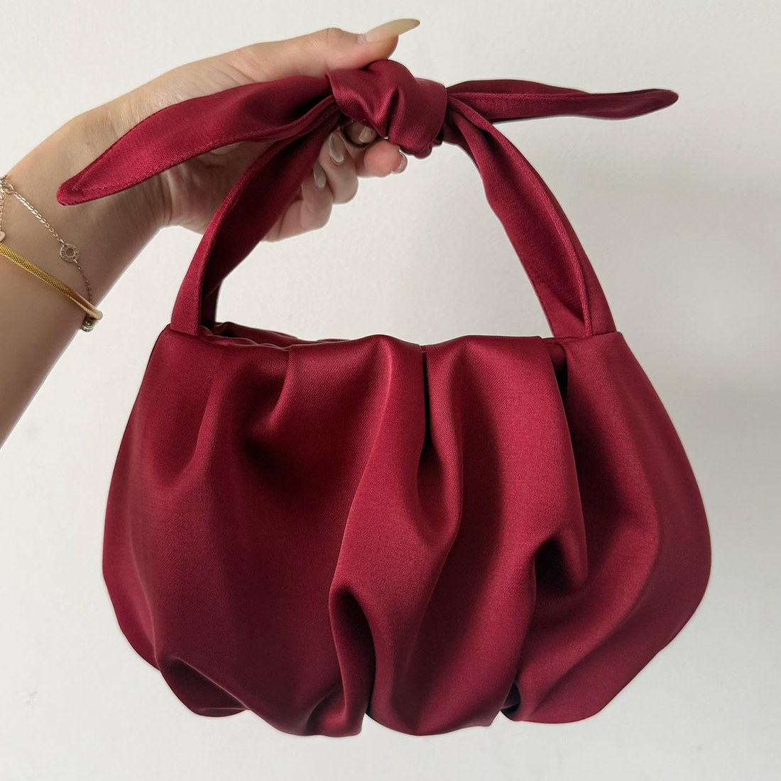 Red Satin Bow Top Handle Evening Handbag For Wedding Occasions